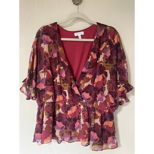 Sofia Jeans Floral V-Neck Peplum Flowy Sheer Sleeves Blouse XXL